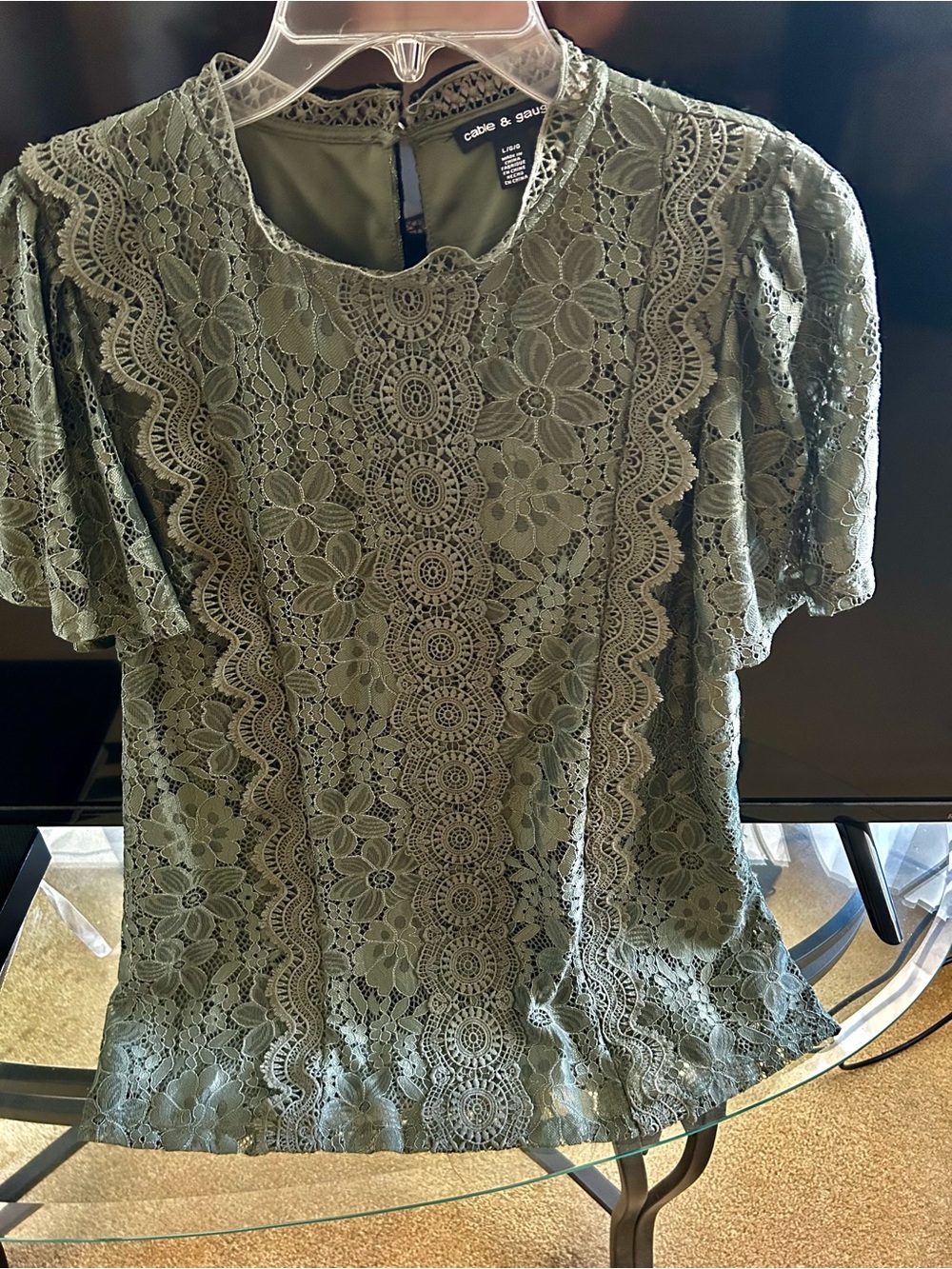 Cable & Gauge Olive Lace Flutter Sleeve Blouse